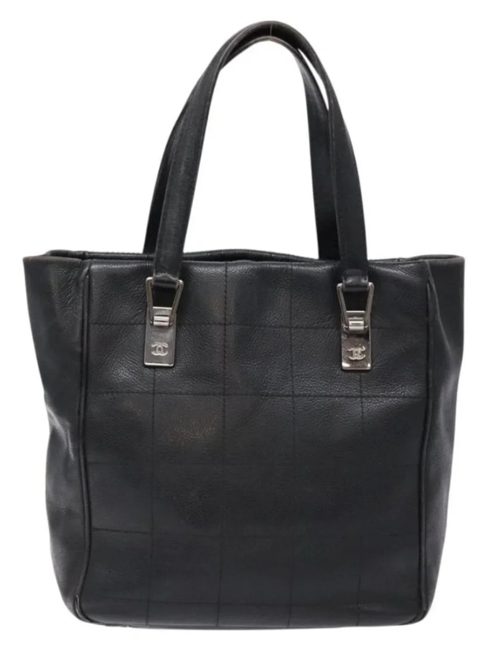 CHANEL Choco Bar COCO Mark Hand Bag Canvas Black Silver CC Auth BA5420